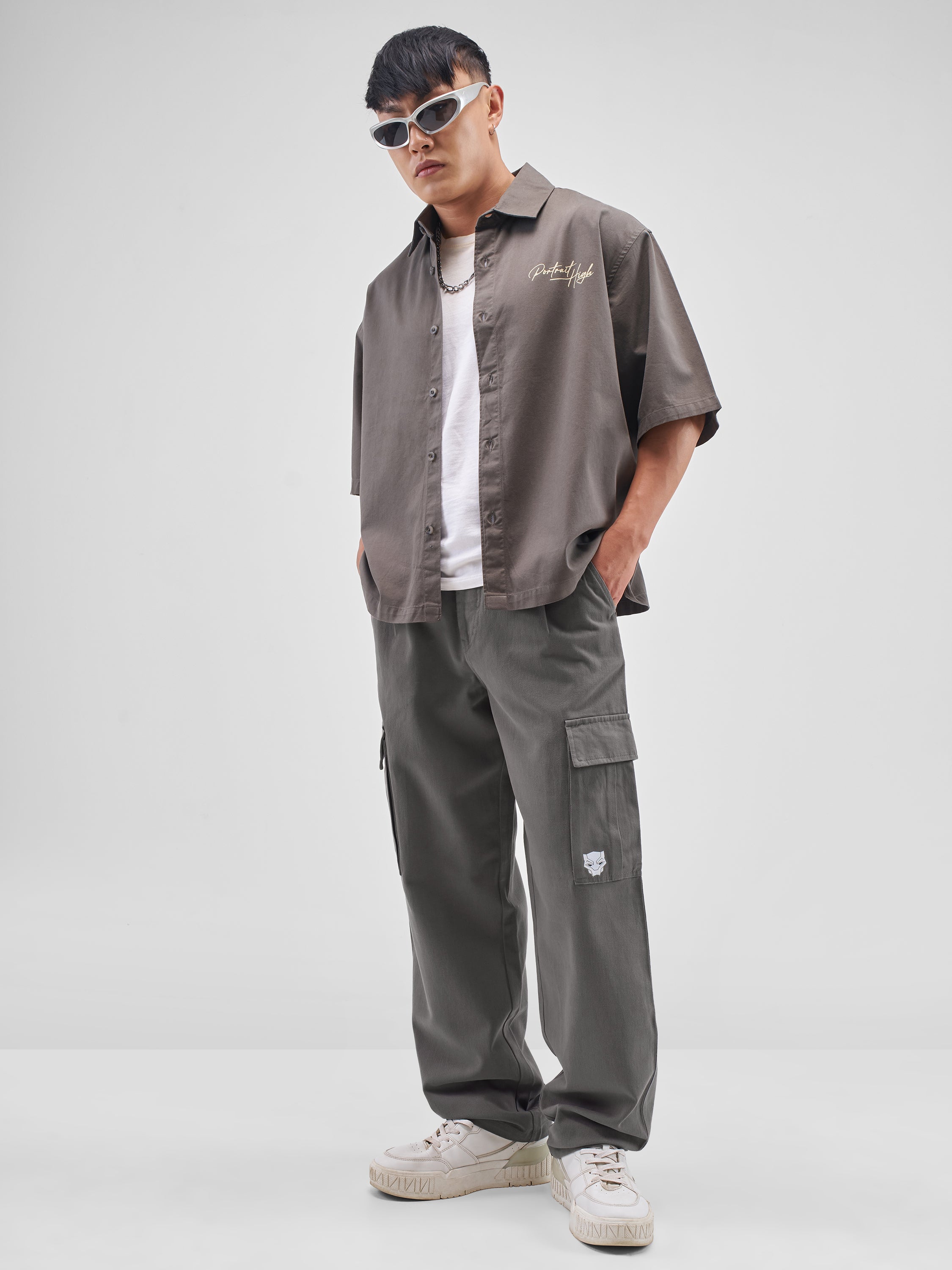 Marvel By Highlander Men Grey Black Panther Loose Fit Solid Cargos - Grey - Image 2
