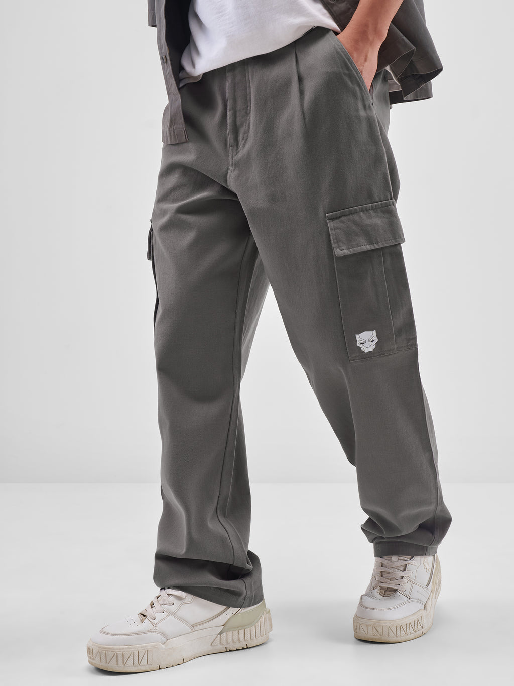 Marvel By Highlander Men Grey Black Panther Loose Fit Solid Cargos - Grey - Image 4