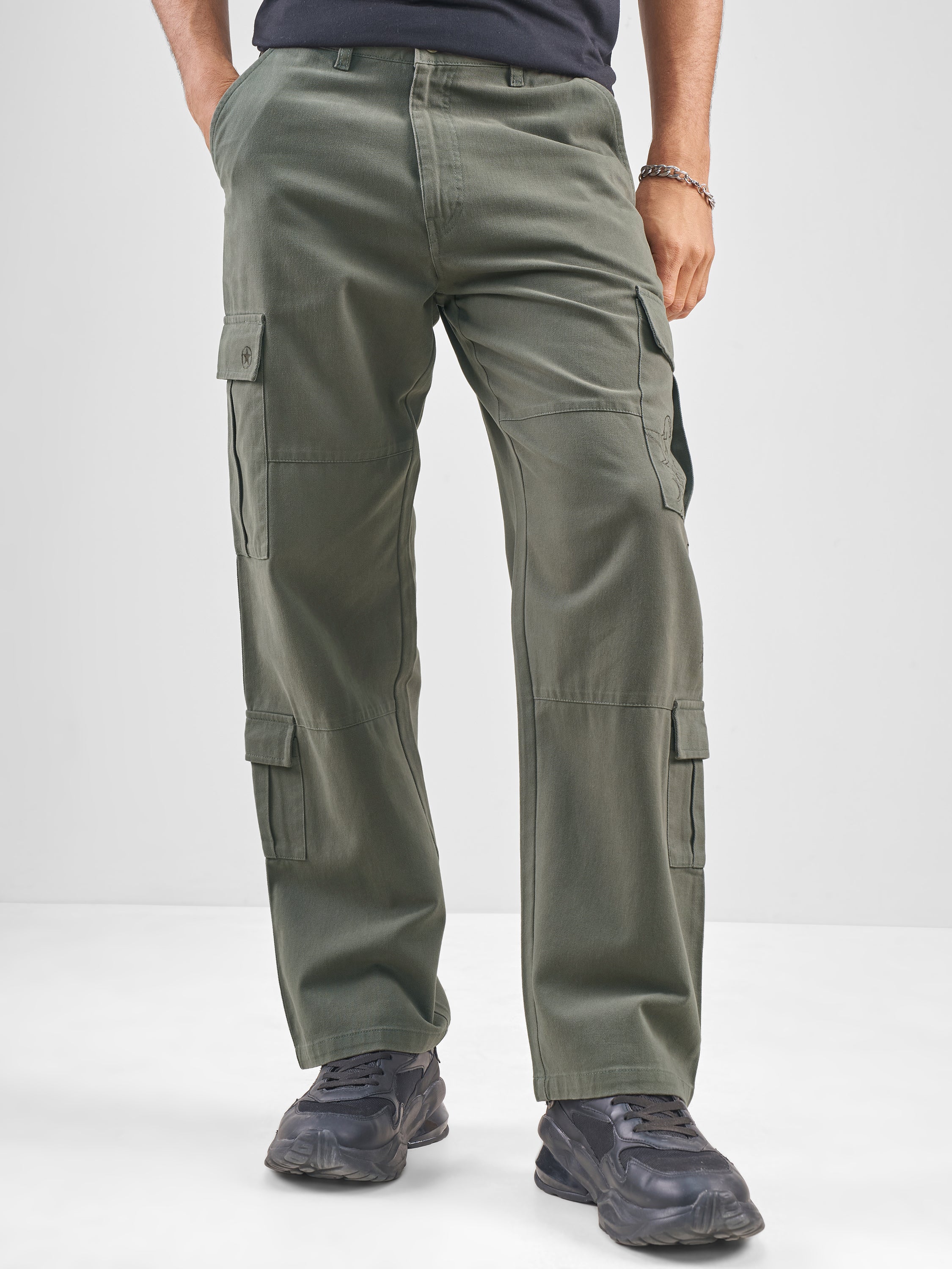 Marvel By Highlander Men Olive Iron Man Straight Fit Solid Cargos - Olive - Image 1