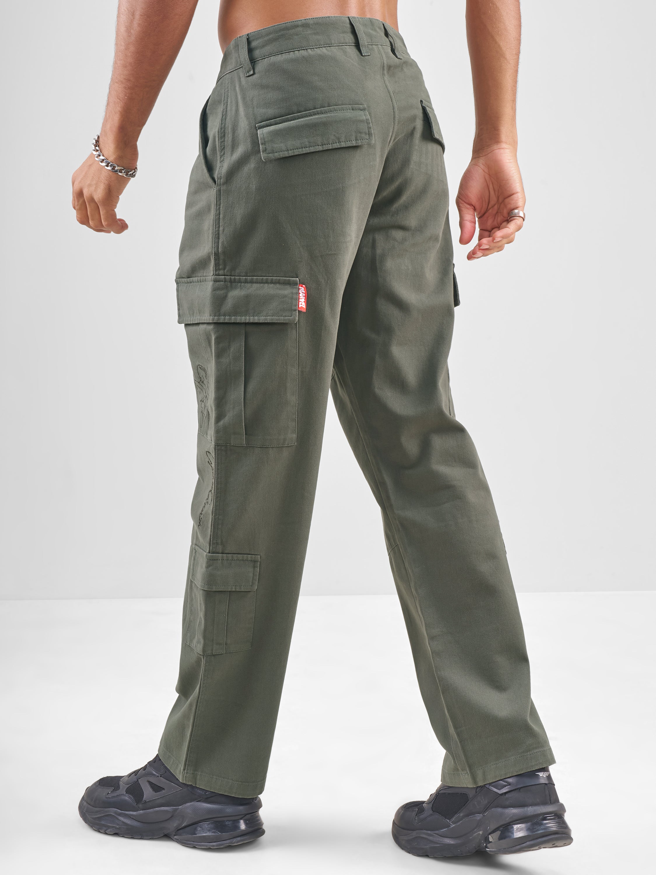 Marvel By Highlander Men Olive Iron Man Straight Fit Solid Cargos - Olive - Image 3