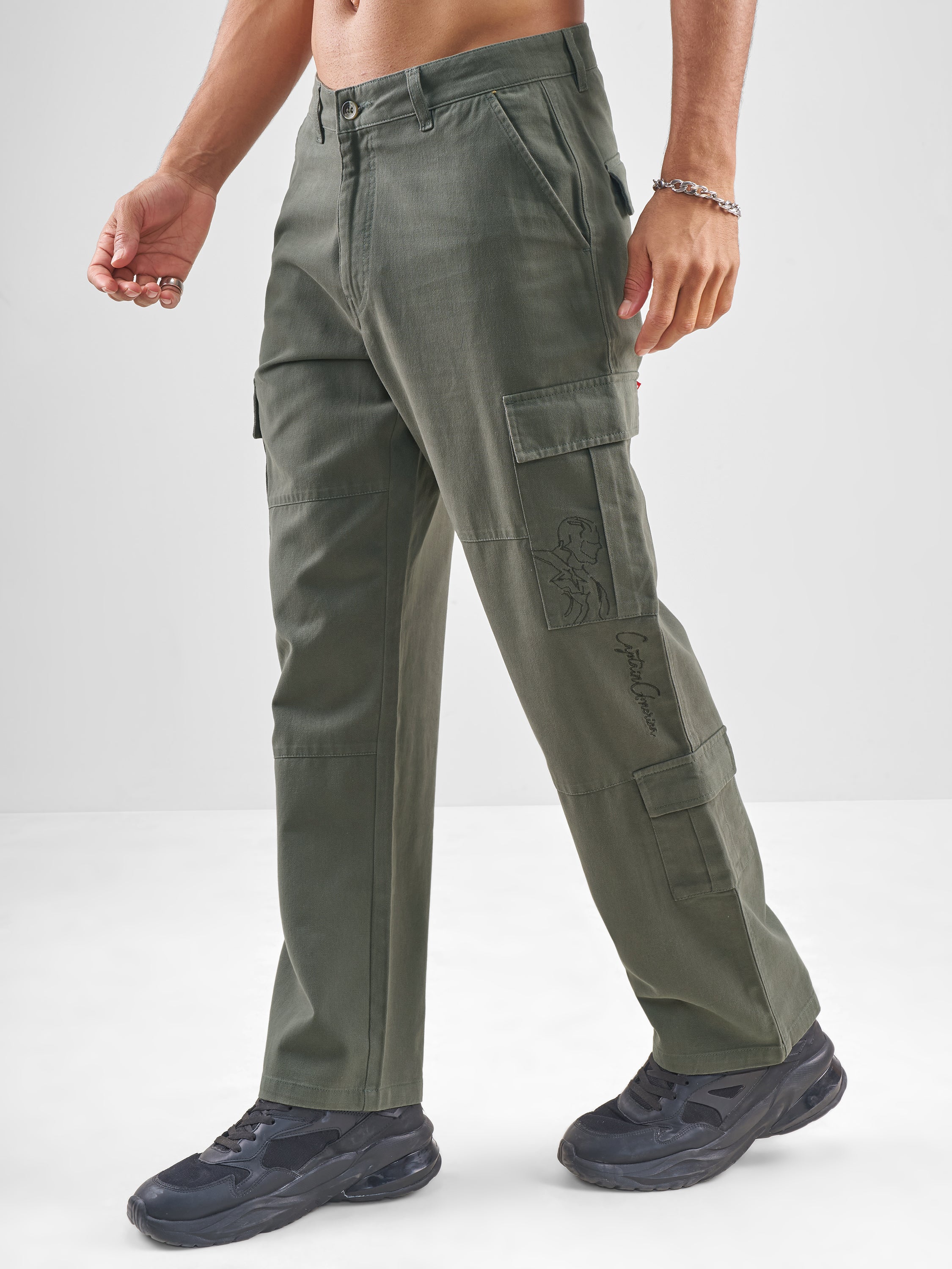 Marvel By Highlander Men Olive Iron Man Straight Fit Solid Cargos - Olive - Image 4