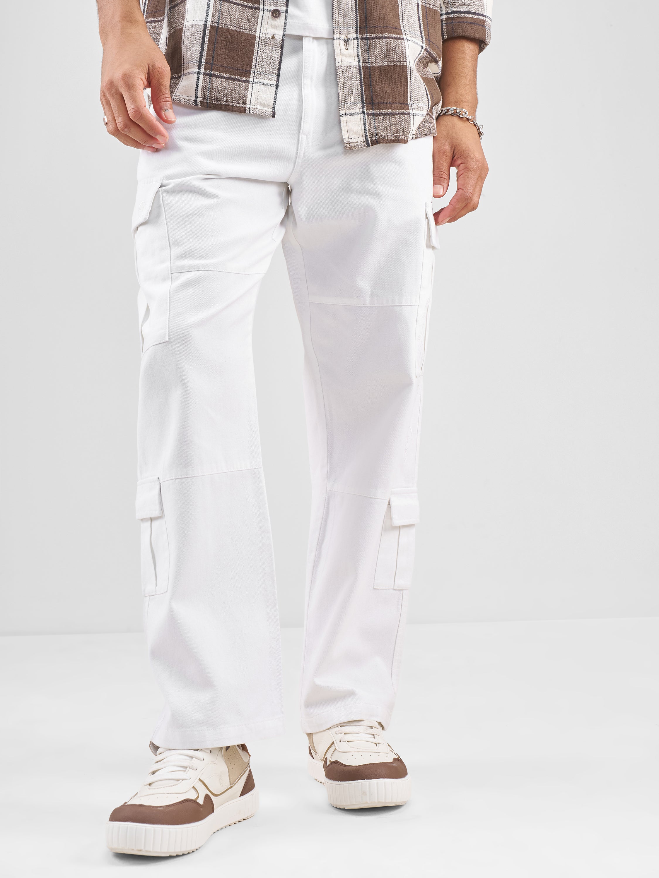 Marvel By Highlander Men White Iron Man Straight Fit Solid Cargos - White - Image 1