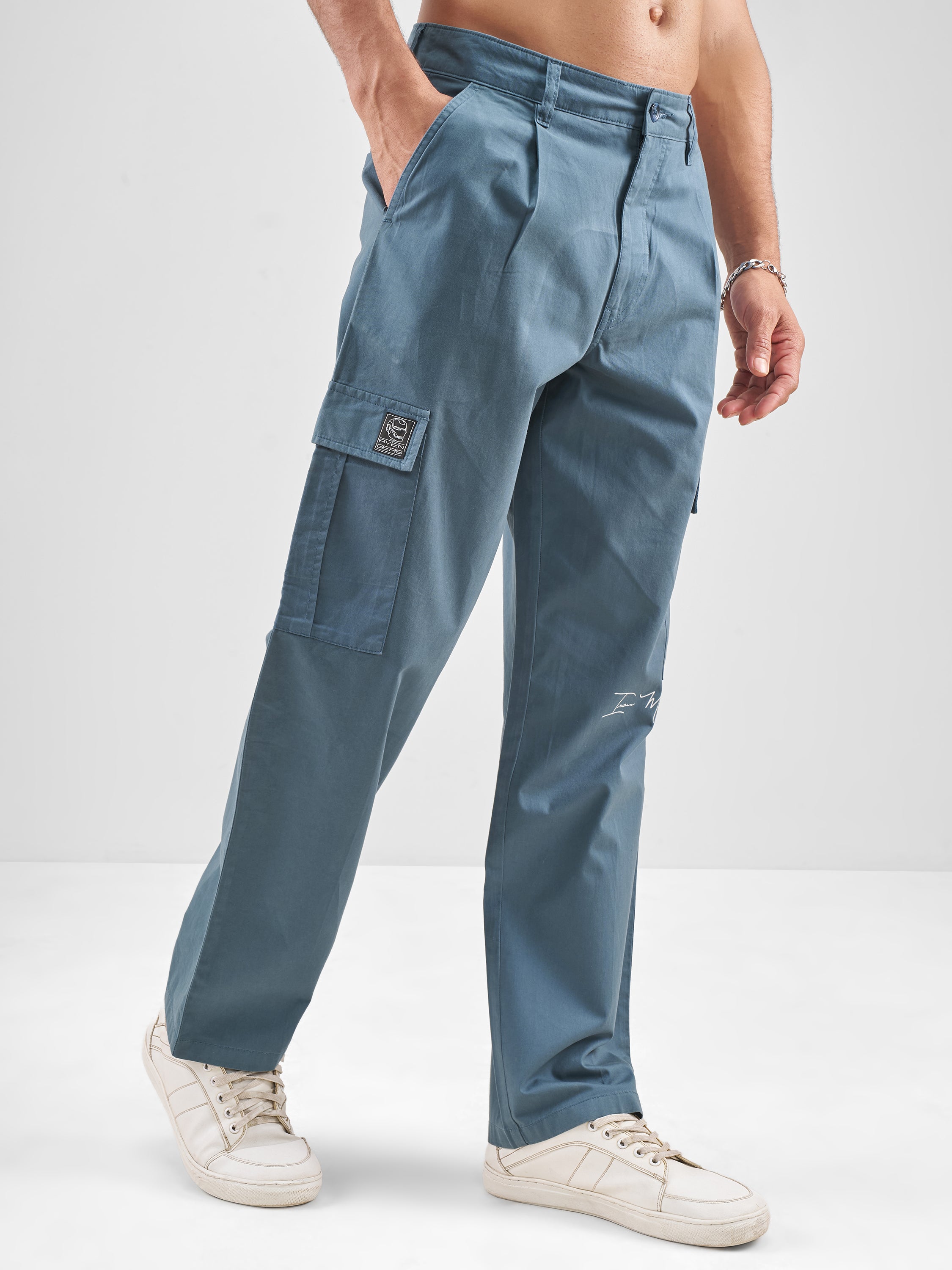 Marvel By Highlander Men Blue Iron Man Straight Fit Solid Cargos - Blue - Image 6