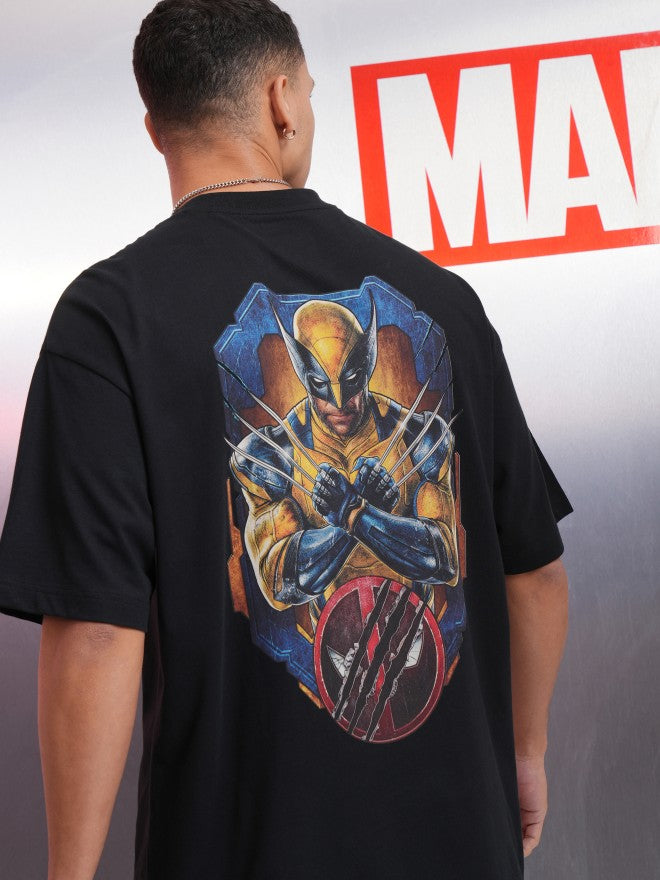 Marvel By Highlander Men Black Wolverine Printed Round Neck Oversized Fit T-Shirt - Black - Image 1