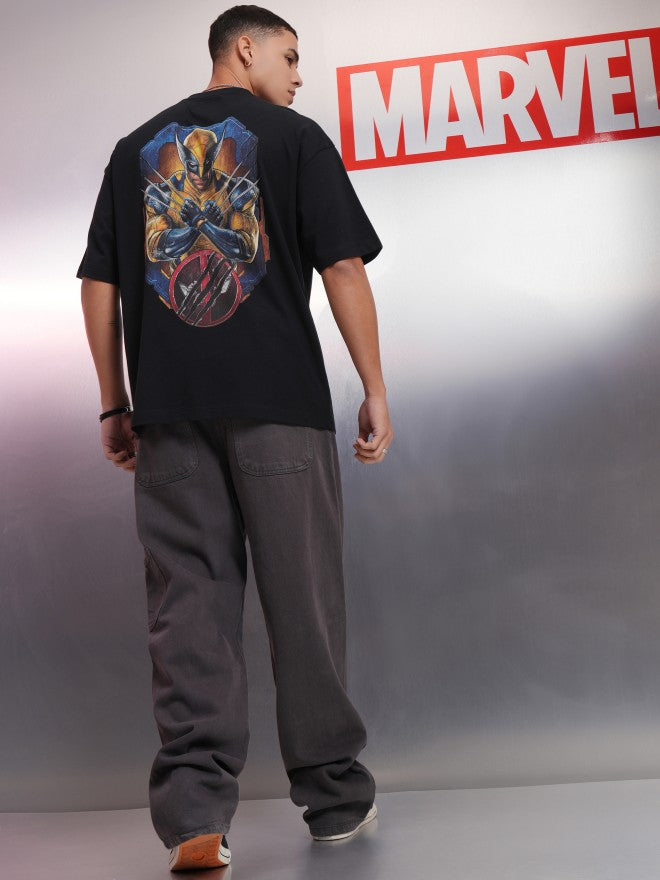 Marvel By Highlander Men Black Wolverine Printed Round Neck Oversized Fit T-Shirt - Black - Image 2