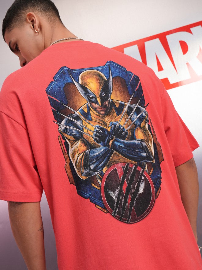 Marvel By Highlander Men Red Wolverine Printed Round Neck Oversized Fit T-Shirt - Red - Image 1