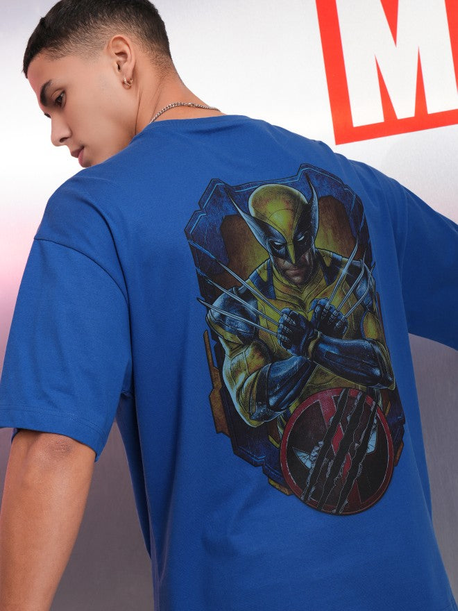 Marvel By Highlander Men Blue Wolverine Printed Round Neck Oversized Fit T-Shirt - Blue - Image 1