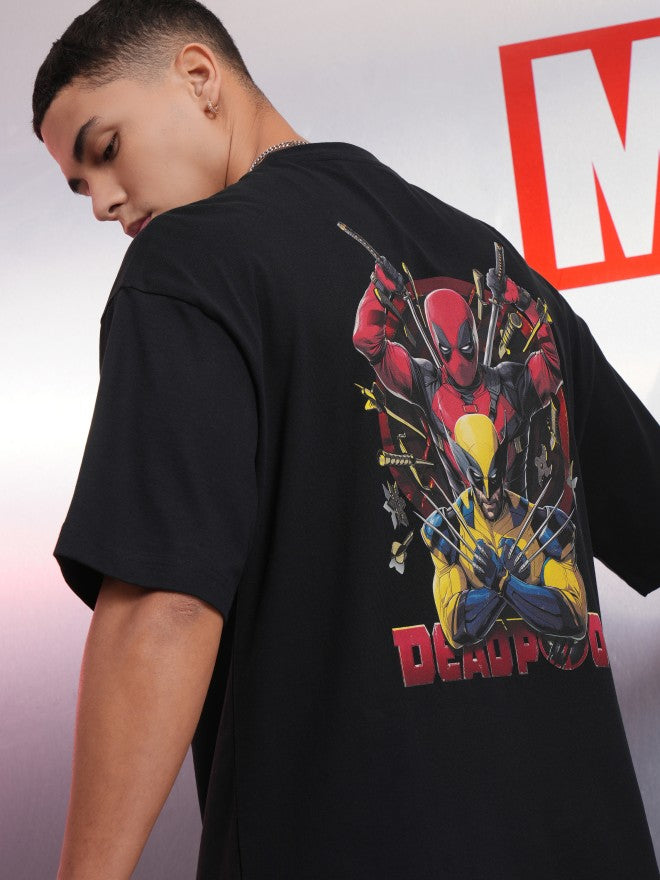 Marvel By Highlander Men Black Deadpool And Wolverine Printed Round Neck Oversized Fit T-Shirt - Black - Image 1