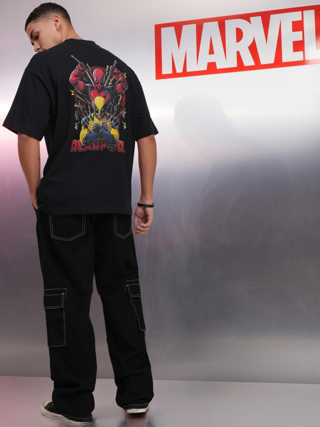 Marvel By Highlander Men Black Deadpool And Wolverine Printed Round Neck Oversized Fit T-Shirt - Black - Image 2