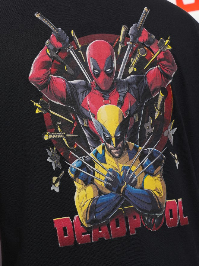 Marvel By Highlander Men Black Deadpool And Wolverine Printed Round Neck Oversized Fit T-Shirt - Black - Image 7