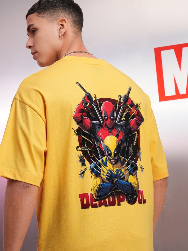 Marvel By Highlander Men Yellow Deadpool And Wolverine Printed Round Neck Oversized Fit T-Shirt - Yellow - Image 1