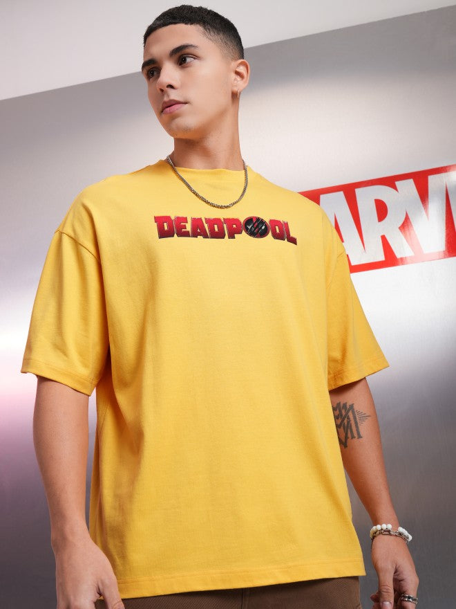 Marvel By Highlander Men Yellow Deadpool And Wolverine Printed Round Neck Oversized Fit T-Shirt - Yellow - Image 3