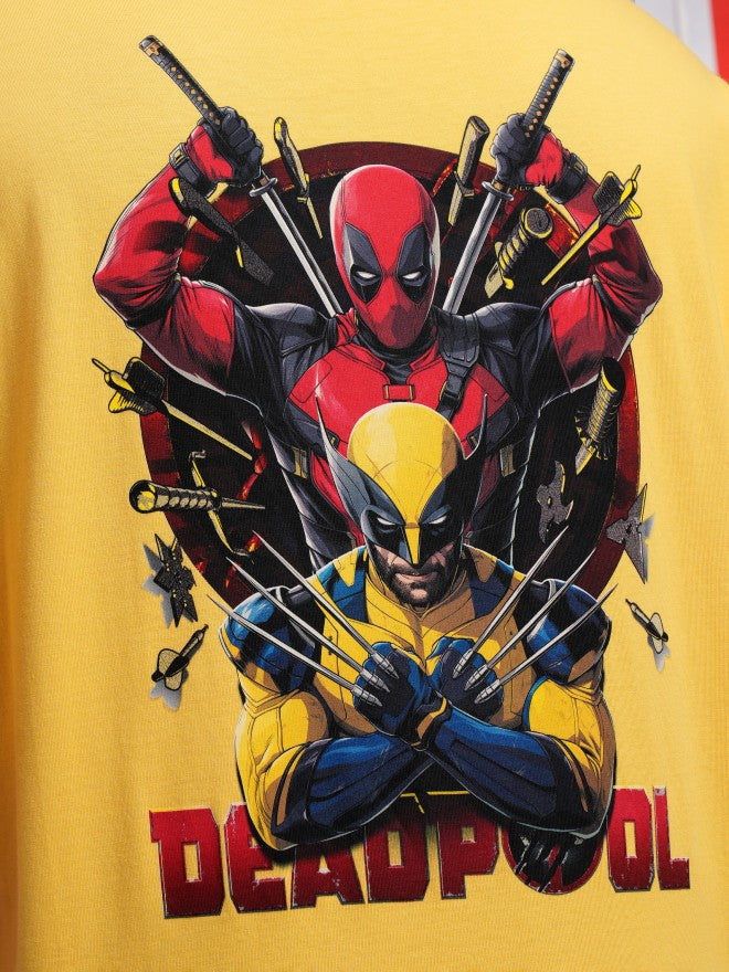 Marvel By Highlander Men Yellow Deadpool And Wolverine Printed Round Neck Oversized Fit T-Shirt - Yellow - Image 7