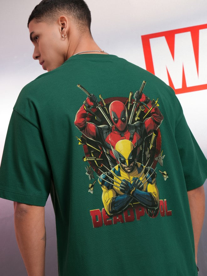 Marvel By Highlander Men Green Deadpool And Wolverine Printed Round Neck Oversized Fit T-Shirt - Green - Image 1