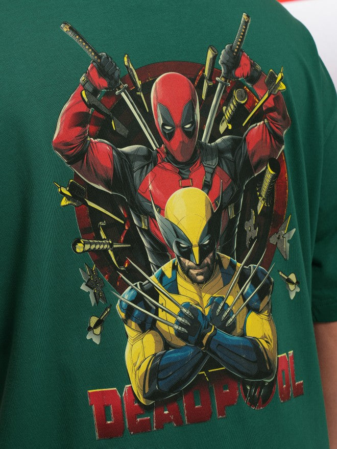 Marvel By Highlander Men Green Deadpool And Wolverine Printed Round Neck Oversized Fit T-Shirt - Green - Image 7