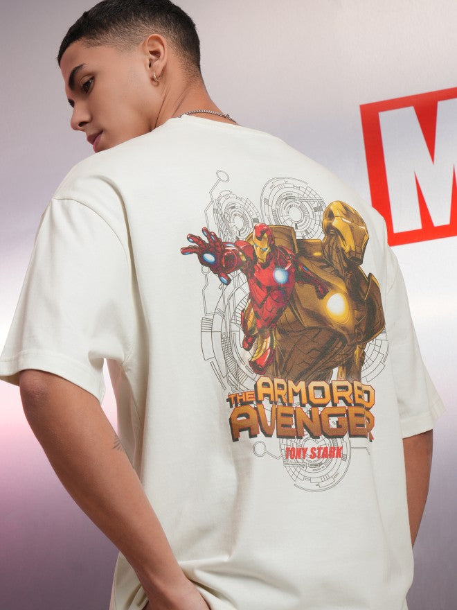 Marvel By Highlander Men Off White Iron Man Printed Round Neck Oversized Fit T-Shirt - Off White - Image 1