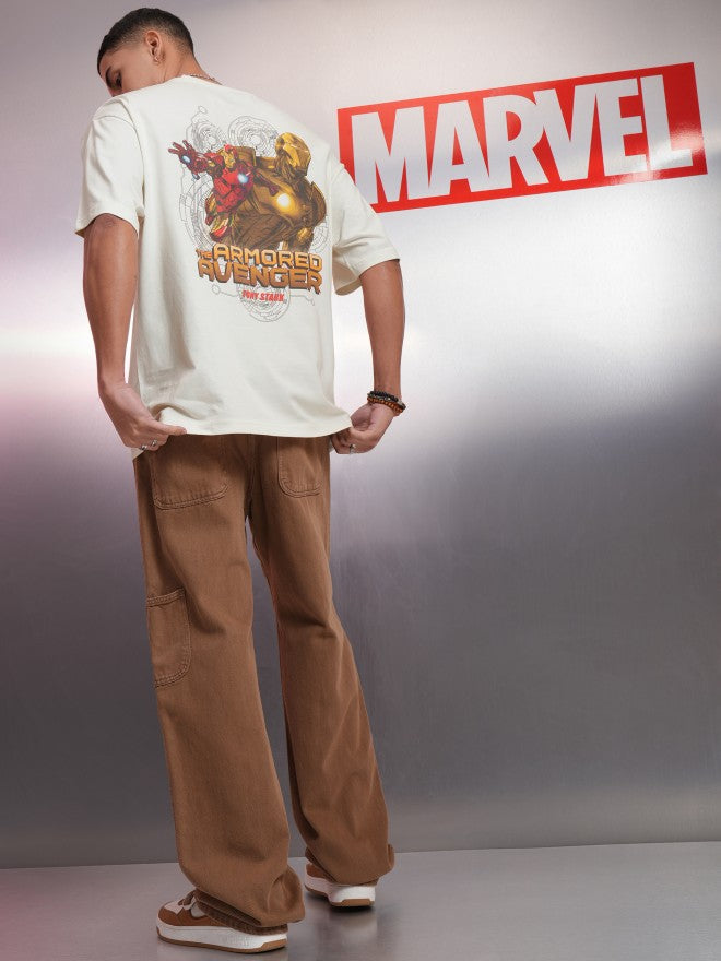 Marvel By Highlander Men Off White Iron Man Printed Round Neck Oversized Fit T-Shirt - Off White - Image 2