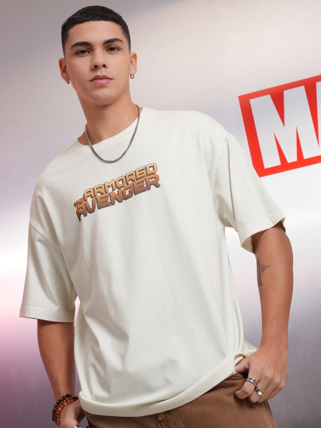 Marvel By Highlander Men Off White Iron Man Printed Round Neck Oversized Fit T-Shirt - Off White - Image 3