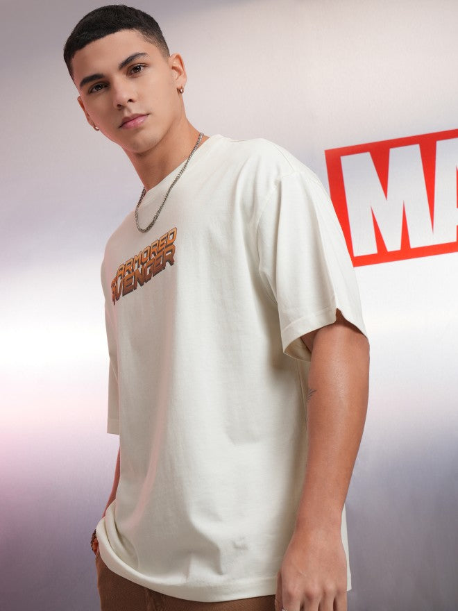 Marvel By Highlander Men Off White Iron Man Printed Round Neck Oversized Fit T-Shirt - Off White - Image 4