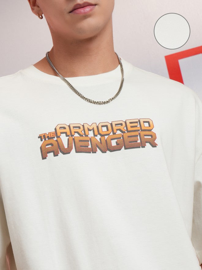 Marvel By Highlander Men Off White Iron Man Printed Round Neck Oversized Fit T-Shirt - Off White - Image 5