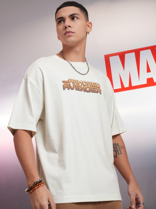 Marvel By Highlander Men Off White Iron Man Printed Round Neck Oversized Fit T-Shirt - Off White - Image 6