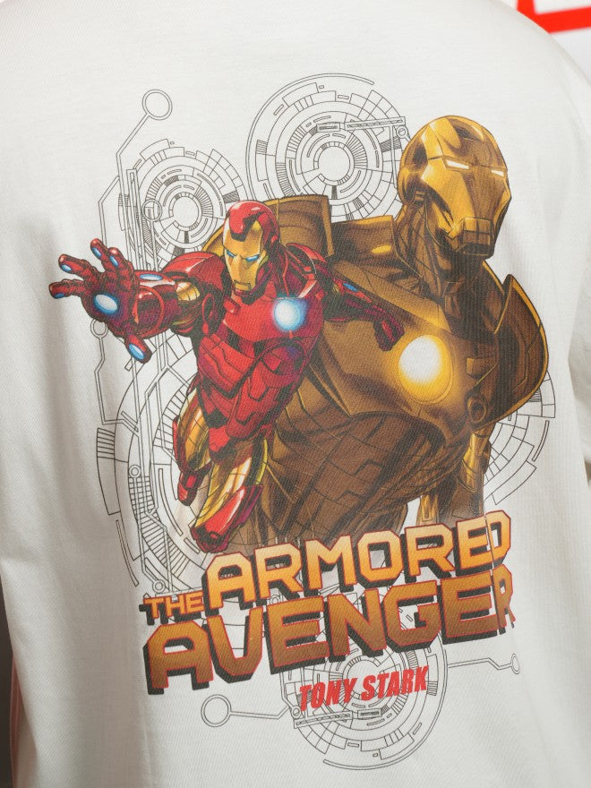 Marvel By Highlander Men Off White Iron Man Printed Round Neck Oversized Fit T-Shirt - Off White - Image 7
