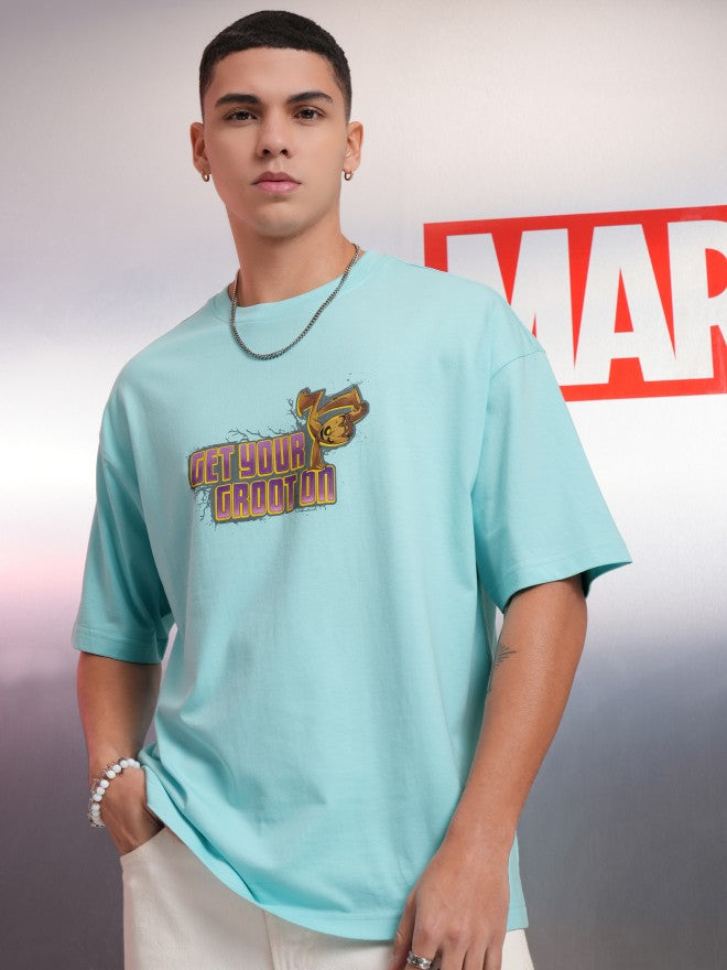 Marvel By Highlander Men Blue Groot Printed Round Neck Oversized Fit T-Shirt - Blue - Image 3