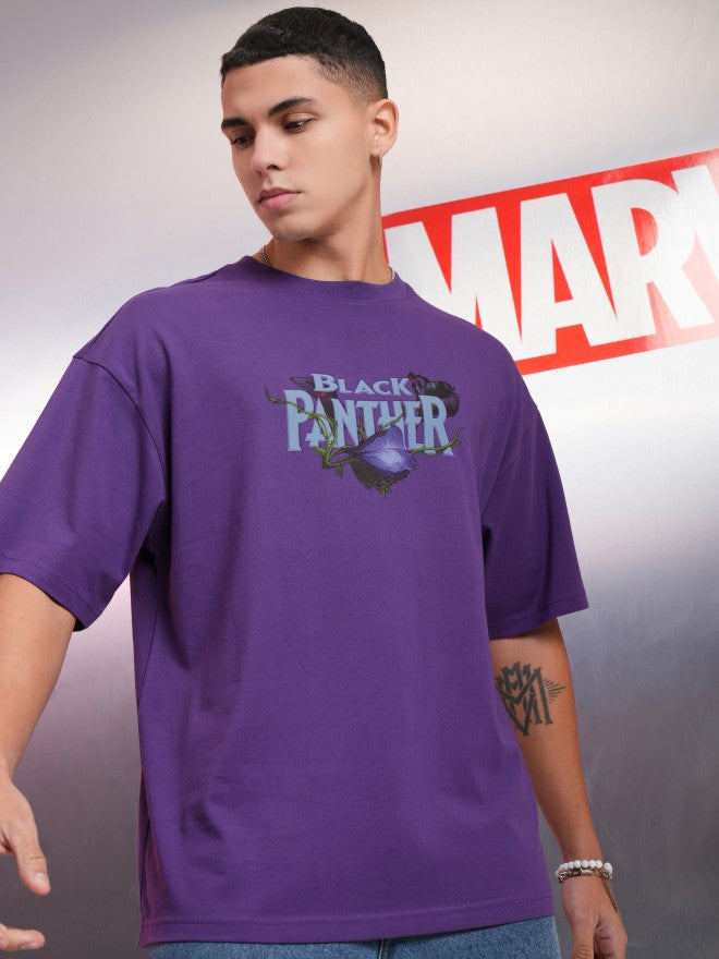 Marvel By Highlander Men Purple Black Panther Printed Round Neck Oversized Fit T-Shirt - Purple - Image 3