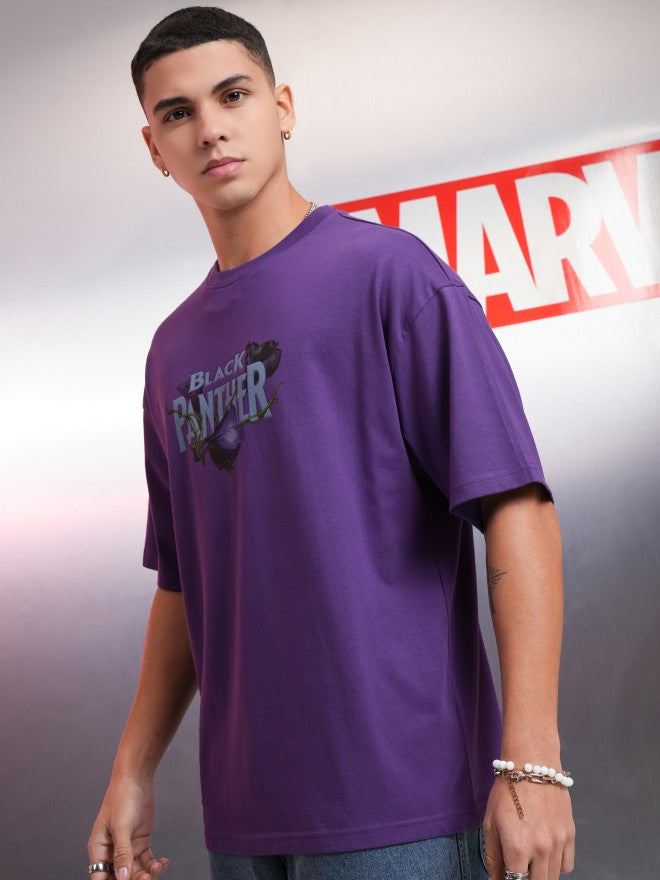 Marvel By Highlander Men Purple Black Panther Printed Round Neck Oversized Fit T-Shirt - Purple - Image 4