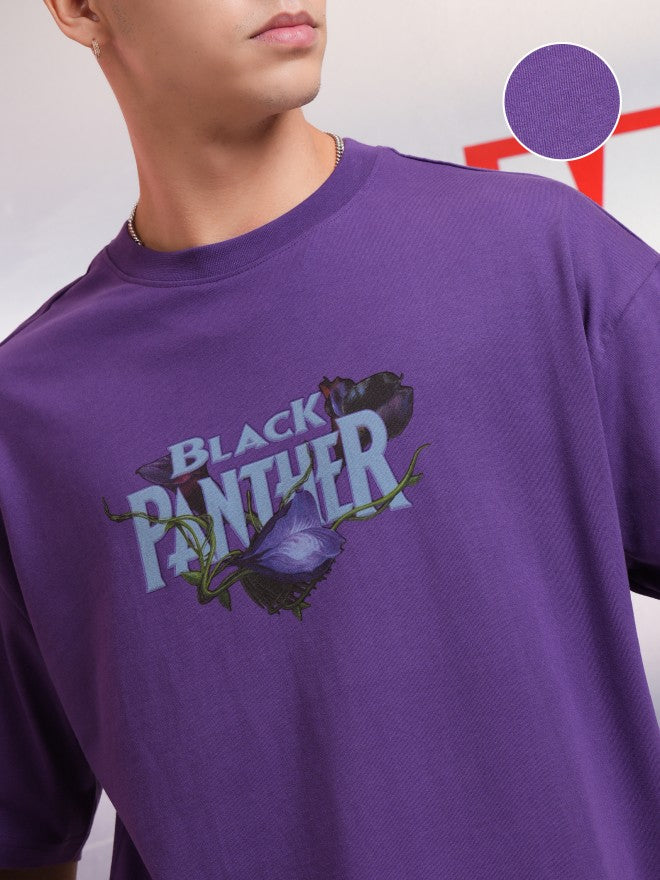 Marvel By Highlander Men Purple Black Panther Printed Round Neck Oversized Fit T-Shirt - Purple - Image 5