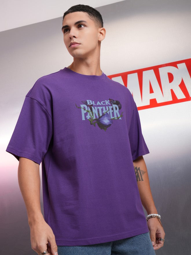 Marvel By Highlander Men Purple Black Panther Printed Round Neck Oversized Fit T-Shirt - Purple - Image 6