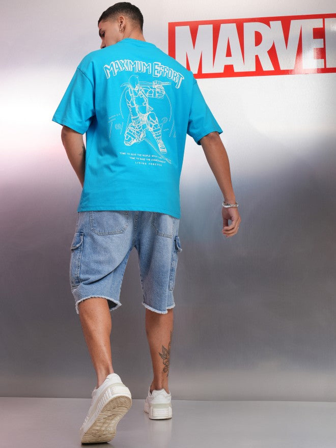 Marvel By Highlander Men Blue Deadpool Printed Round Neck Oversized Fit T-Shirt - Blue - Image 2