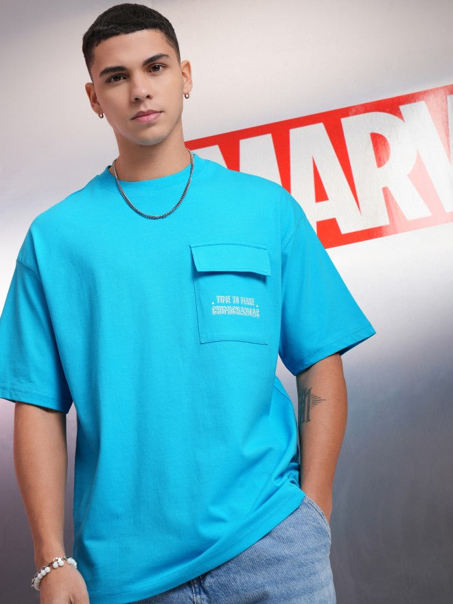 Marvel By Highlander Men Blue Deadpool Printed Round Neck Oversized Fit T-Shirt - Blue - Image 3
