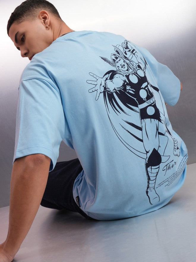 Marvel By Highlander Men Blue Thor Printed Round Neck Oversized Fit T-Shirt - Blue - Image 1