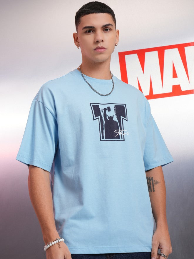 Marvel By Highlander Men Blue Thor Printed Round Neck Oversized Fit T-Shirt - Blue - Image 3