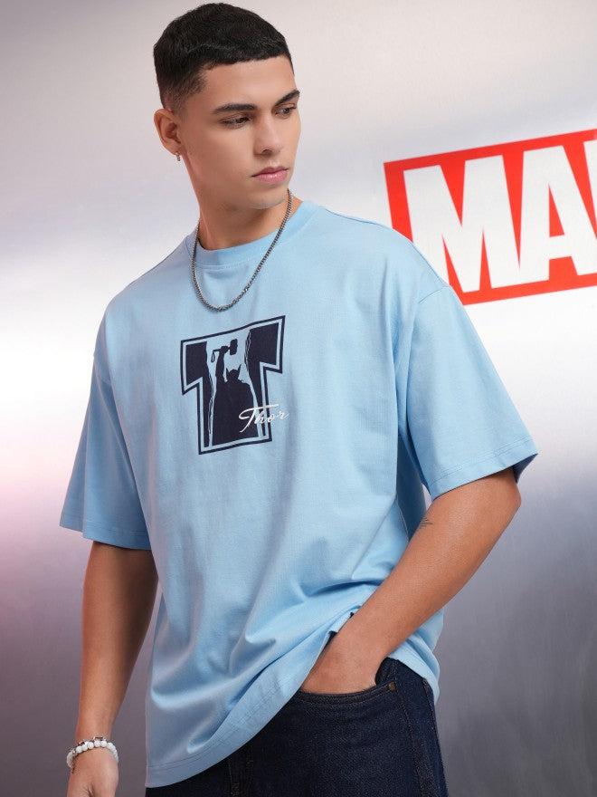 Marvel By Highlander Men Blue Thor Printed Round Neck Oversized Fit T-Shirt - Blue - Image 4