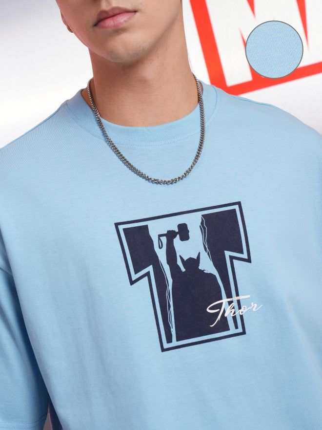 Marvel By Highlander Men Blue Thor Printed Round Neck Oversized Fit T-Shirt - Blue - Image 5