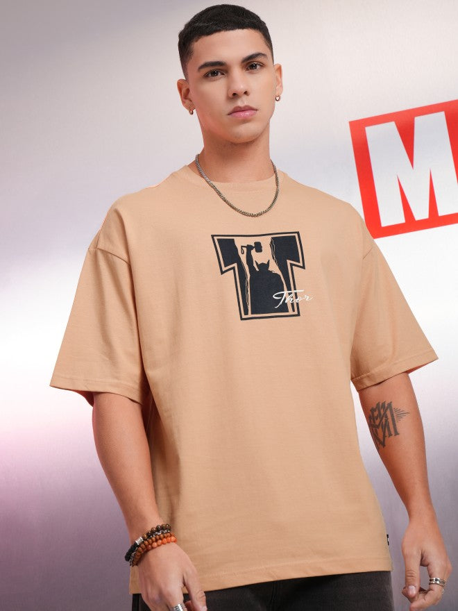 Marvel By Highlander Men Coral Thor Printed Round Neck Oversized Fit T-Shirt - Coral - Image 3