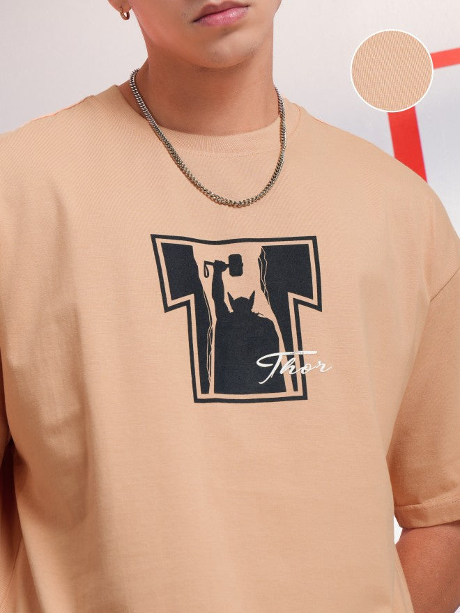 Marvel By Highlander Men Coral Thor Printed Round Neck Oversized Fit T-Shirt - Coral - Image 5