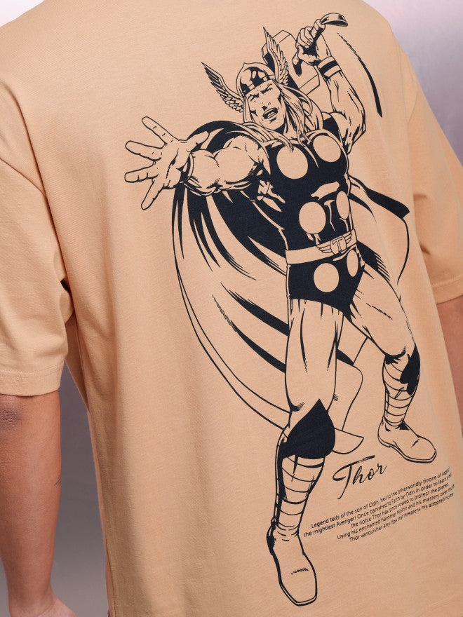 Marvel By Highlander Men Coral Thor Printed Round Neck Oversized Fit T-Shirt - Coral - Image 7