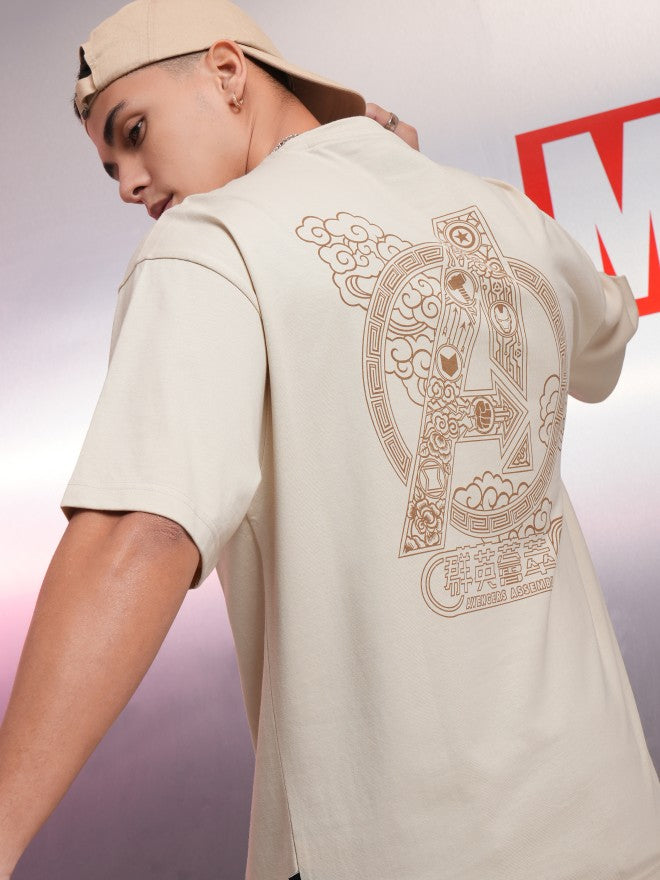 Marvel By Highlander Men Cream Avengers Printed Round Neck Oversized Fit T-Shirt - Cream - Image 1