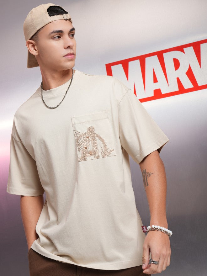 Marvel By Highlander Men Cream Avengers Printed Round Neck Oversized Fit T-Shirt - Cream - Image 4