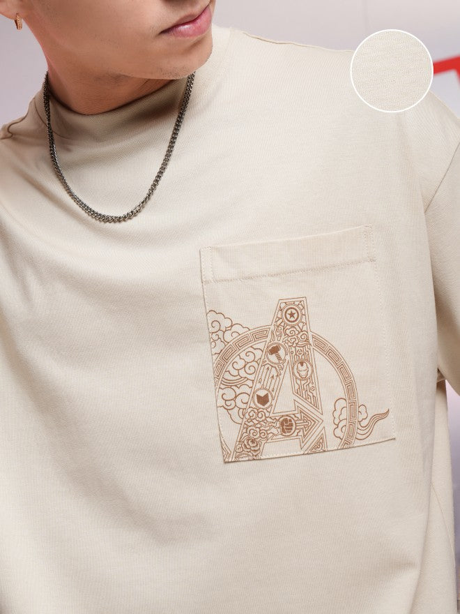 Marvel By Highlander Men Cream Avengers Printed Round Neck Oversized Fit T-Shirt - Cream - Image 5