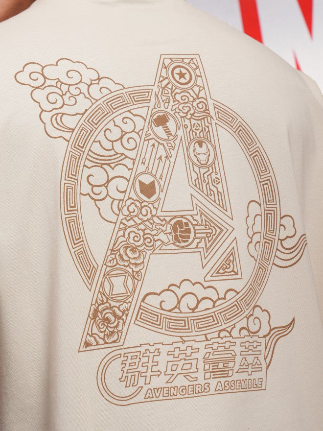 Marvel By Highlander Men Cream Avengers Printed Round Neck Oversized Fit T-Shirt - Cream - Image 7