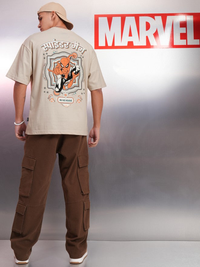 Marvel By Highlander Men Cream Spider-Man Printed Round Neck Oversized Fit T-Shirt - Cream - Image 2
