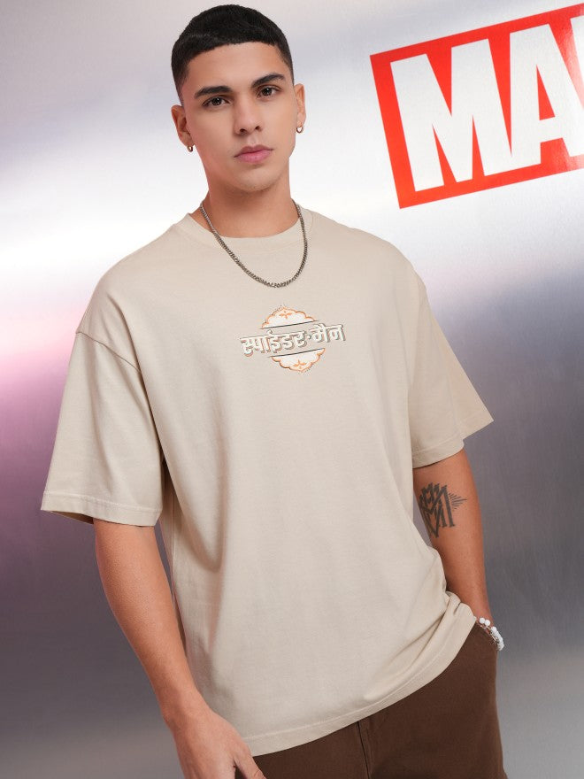 Marvel By Highlander Men Cream Spider-Man Printed Round Neck Oversized Fit T-Shirt - Cream - Image 3