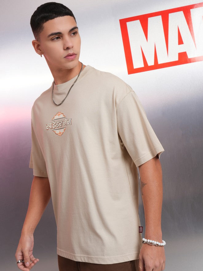 Marvel By Highlander Men Cream Spider-Man Printed Round Neck Oversized Fit T-Shirt - Cream - Image 4