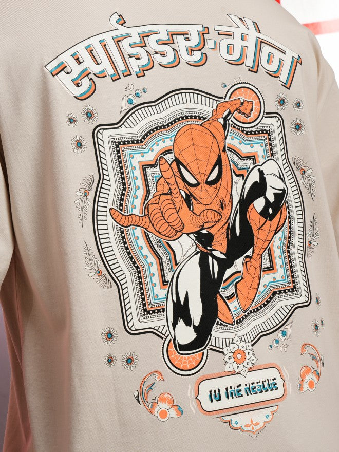 Marvel By Highlander Men Cream Spider-Man Printed Round Neck Oversized Fit T-Shirt - Cream - Image 7