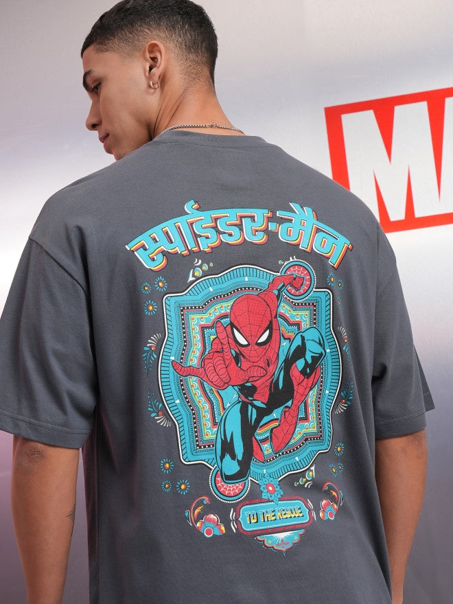 Marvel By Highlander Men Grey Spider-Man Printed Round Neck Oversized Fit T-Shirt - Grey - Image 1