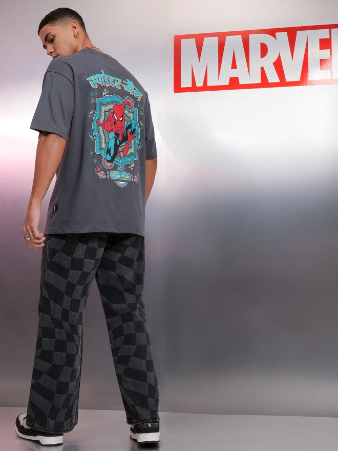 Marvel By Highlander Men Grey Spider-Man Printed Round Neck Oversized Fit T-Shirt - Grey - Image 2
